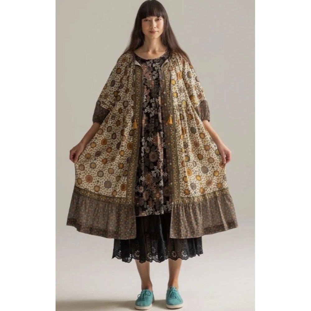 Gudrun Sjoden Organic Cotton Floral Button Front Midi Dress Duster Brown Medium
